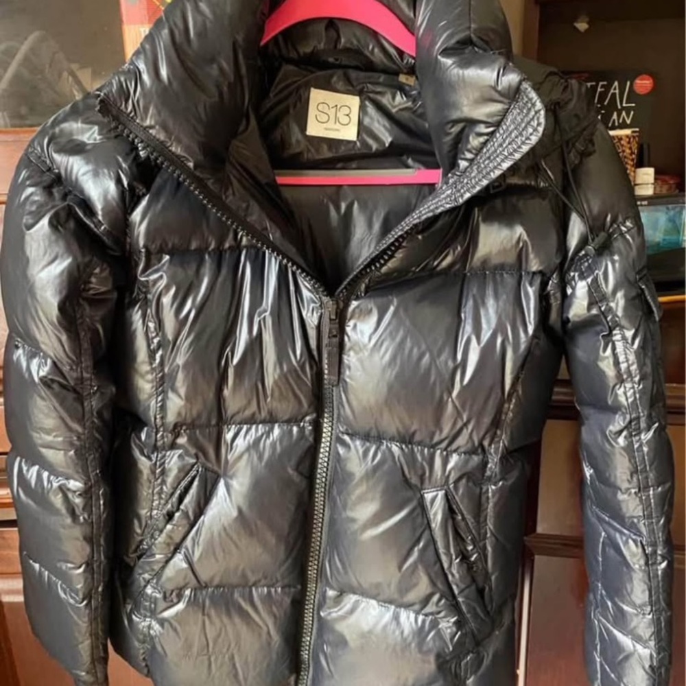 S13 Shiny Black Puffer Coat (Sam 13 hooded Jacket Small)